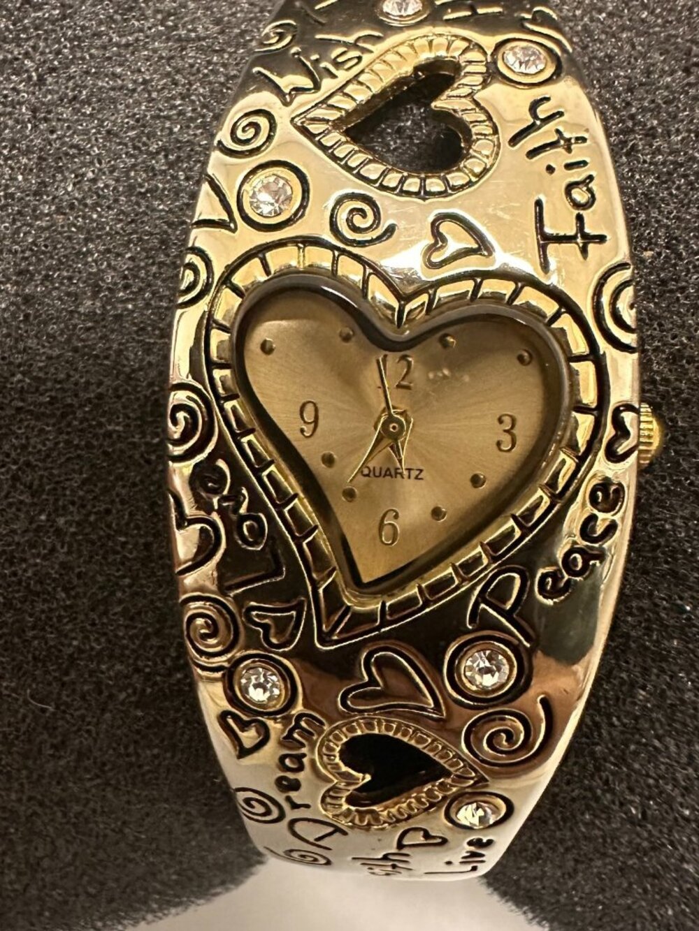 3/$30 Heart Dial Cuff Watch Womens Gold Tone Rhinestone Bangle Bracelet